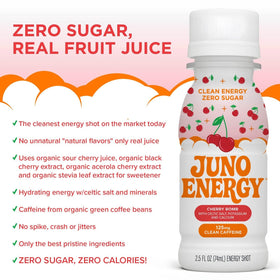 JUNO Energy Shot Cherry Bomb ingredients close-up highlights organic sour cherry.