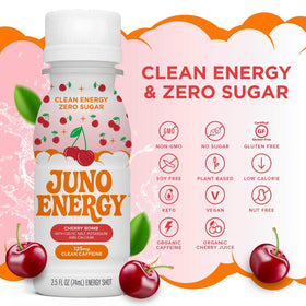 JUNO Energy Shot Cherry Bomb bottle close-up showcases zero sugar formulation.