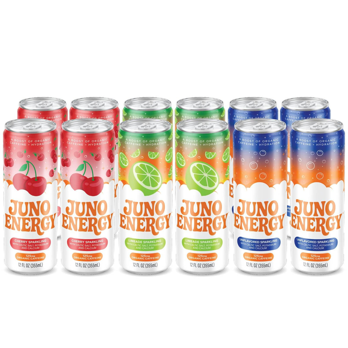 JUNO ENERGY twelve-pack-display demonstrates store-friendly packaging for quick selection.