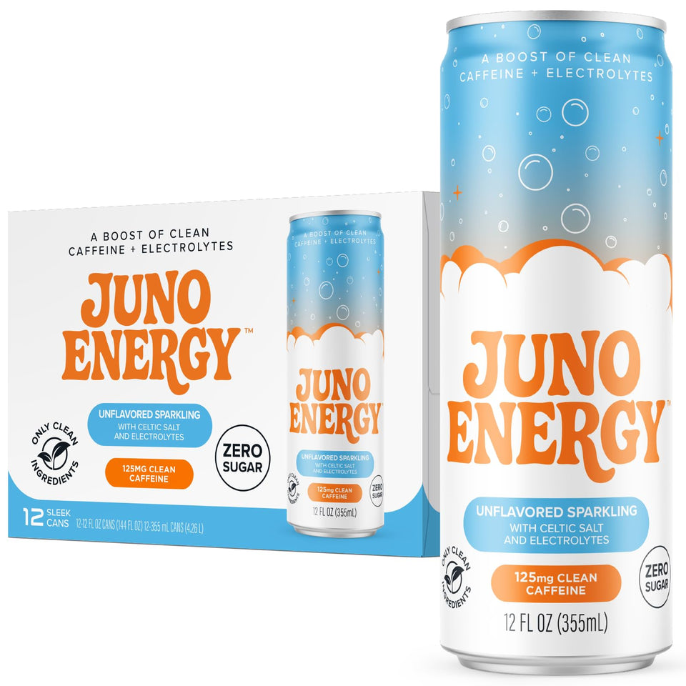 JUNO ENERGY unflavored sparkling energy drink can, 12-pack, for clean hydration and steady focus.
