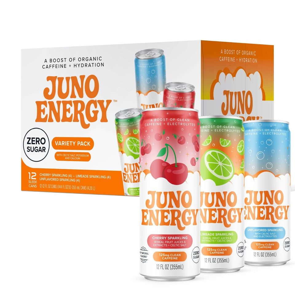 JUNO ENERGY variety pack box for convenient, on-the-go hydration with flavor variety.