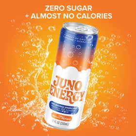 JUNO ENERGY vegan gluten-free label signals inclusive, plant-based hydration for diverse diets.