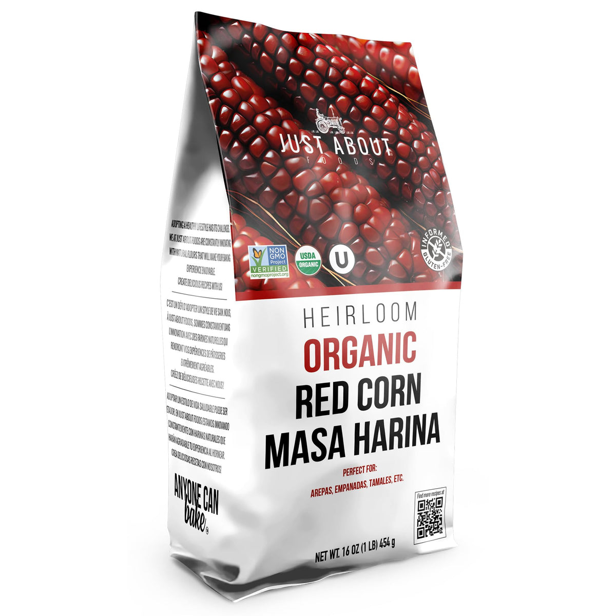 Just About Foods organic heirloom red corn masa harina 1lb package for fresh tortillas.