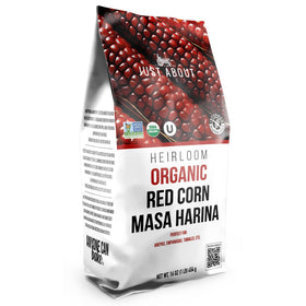 Just About Foods organic heirloom red corn masa harina 1lb package for fresh tortillas.