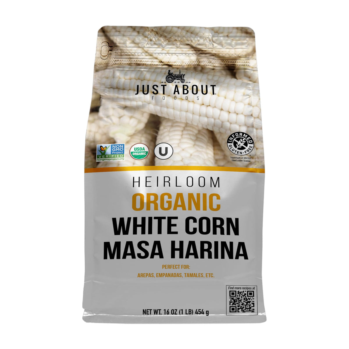 Just About Foods masa harina packaging for authentic gluten-free tortillas.