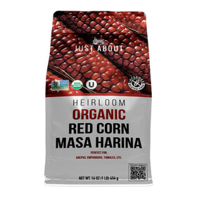 Just About Foods red corn masa harina delivers rich flavor for savory dishes.