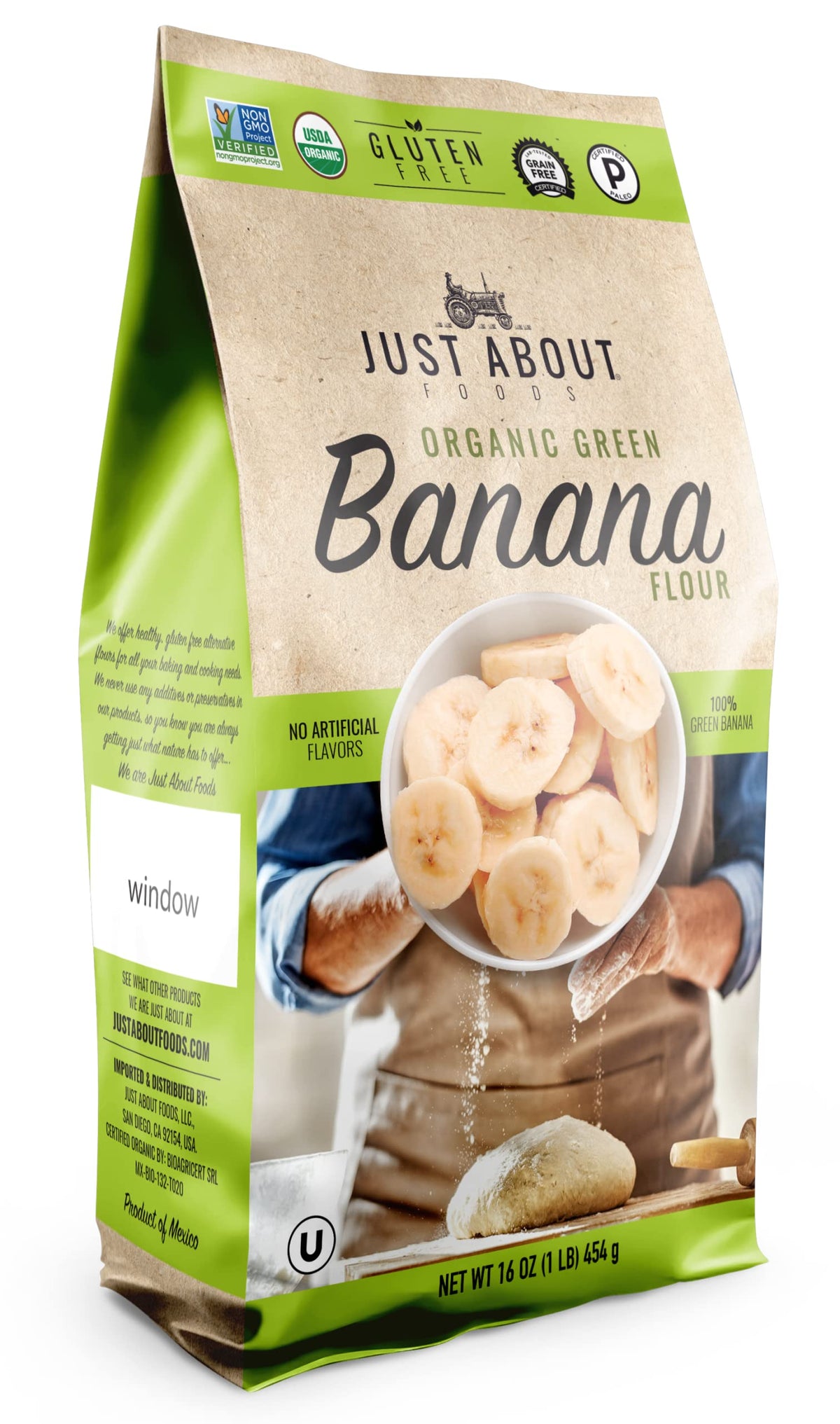 Just About Organic Banana Flour packaging close-up emphasizing reseal freshness for gluten-free baking.