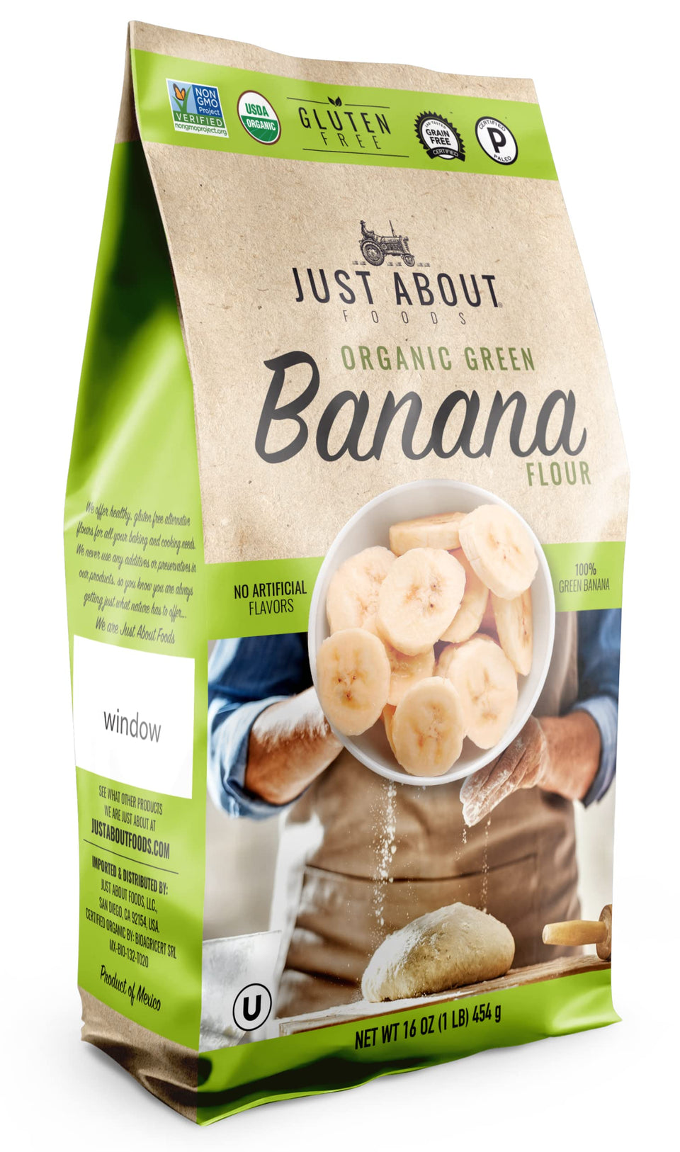 Just About Organic Banana Flour packaging close-up emphasizing reseal freshness for gluten-free baking.