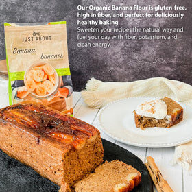 Just About Organic Banana Flour muffins-baking scene highlights moist, tender results.