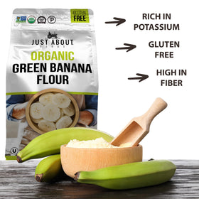 Just About Organic Banana Flour pancakes-baking shot demonstrates gluten-free batter versatility.