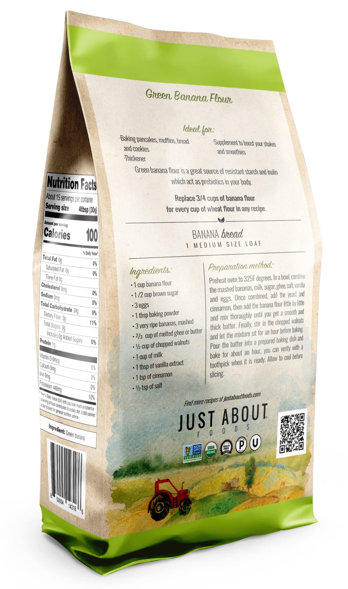 Just About Organic Banana Flour resealable bag maintains freshness over time.