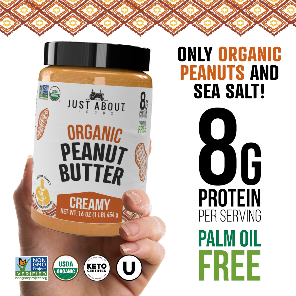 Just About Peanut Butter Creamy Spread Spoon shows unsweetened texture ideal for shakes