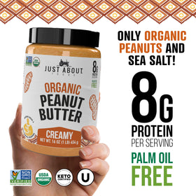 Just About Peanut Butter Creamy Spread Spoon shows unsweetened texture ideal for shakes