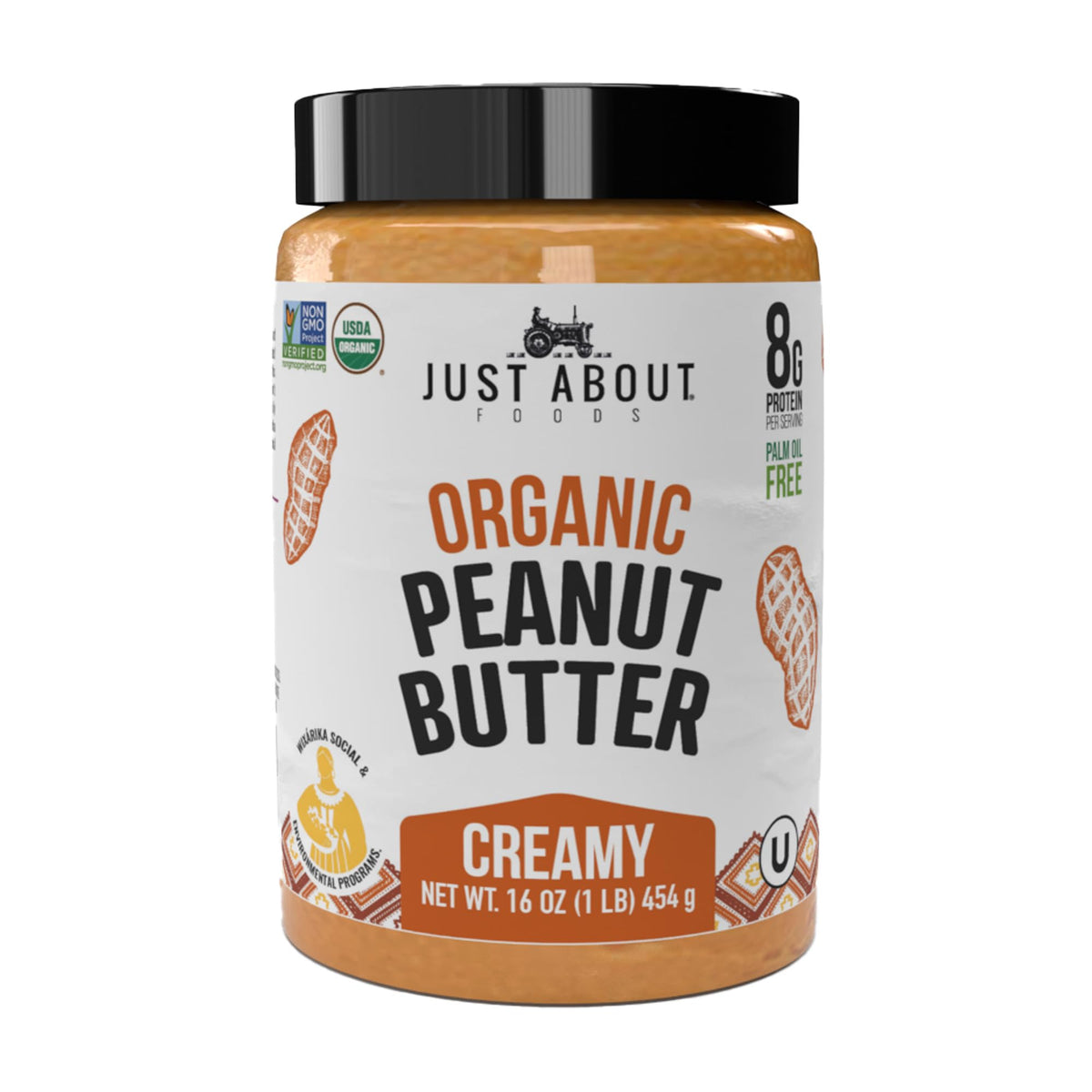 Just About Peanut Butter Organic Creamy Jar demonstrates smooth, unsweetened spread for any snack