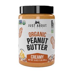 Just About Peanut Butter Organic Creamy Jar demonstrates smooth, unsweetened spread for any snack
