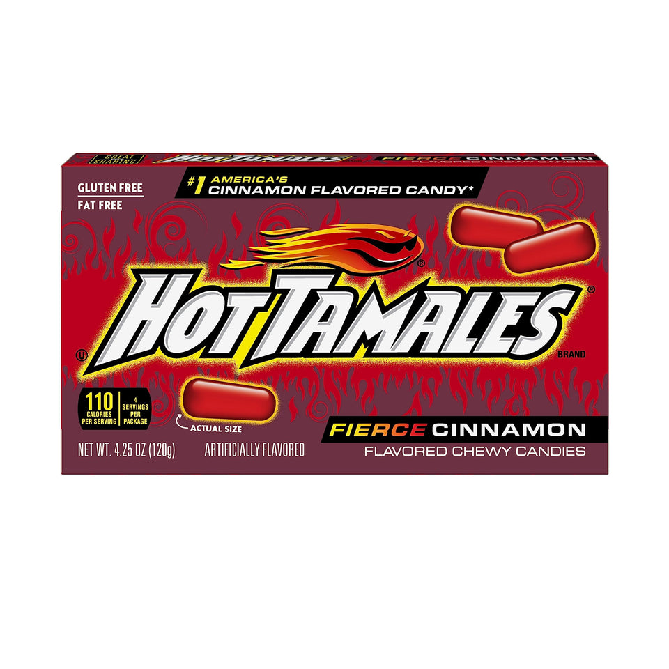 Just Born Hot Tamales Fierce Cinnamon theater box shows bold cinnamon flavor for movie nights.