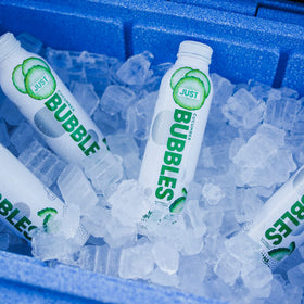 JUST Bubbles Cucumber aluminum bottle closeup emphasizes eco-friendly packaging.