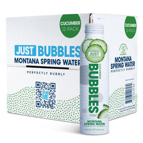 JUST Bubbles Cucumber bottle on a snowy mountain shows pristine hydration potential.