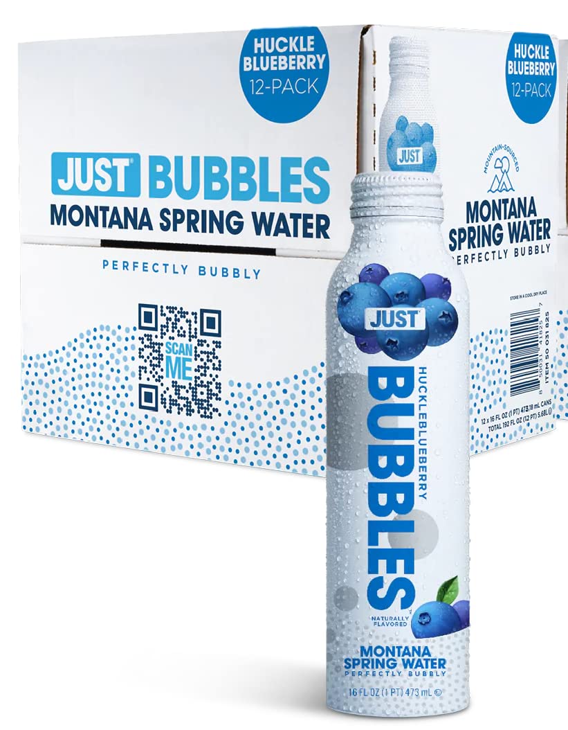 JUST Water Bubbles Huckleblueberry bottle front showcasing eco-friendly aluminum packaging for on-the-go hydration