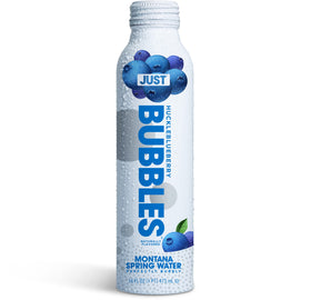 JUST Water Bubbles Huckleblueberry bottle label highlights natural minerals from mountain springs
