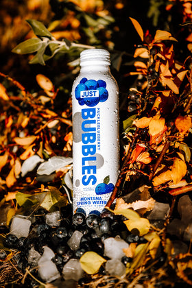 JUST Water Bubbles Huckleblueberry close-up minerals reveals natural mineral content from springs