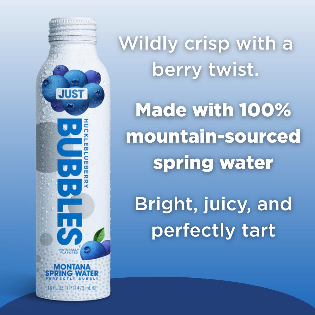 JUST Water Bubbles Huckleblueberry packaging eco-focus emphasizes infinite recyclability of aluminum