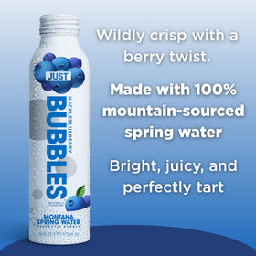 JUST Water Bubbles Huckleblueberry packaging eco-focus emphasizes infinite recyclability of aluminum