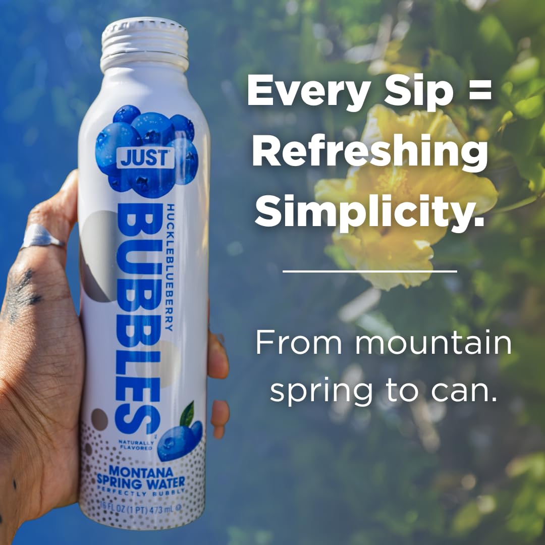 JUST Water Bubbles Huckleblueberry refreshing serve suggests versatile use for meals or workouts