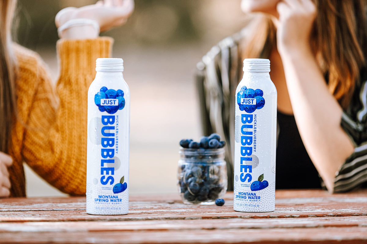 JUST Water Bubbles Huckleblueberry sparkle close-up shows lively effervescence and clarity