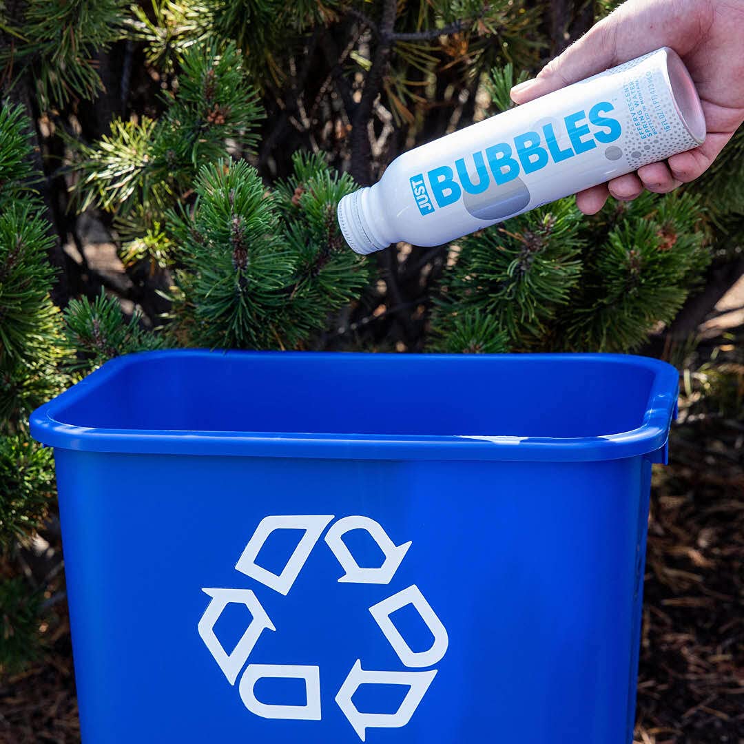 JUST Bubbles label-closeup - clear branding and recyclable packaging details