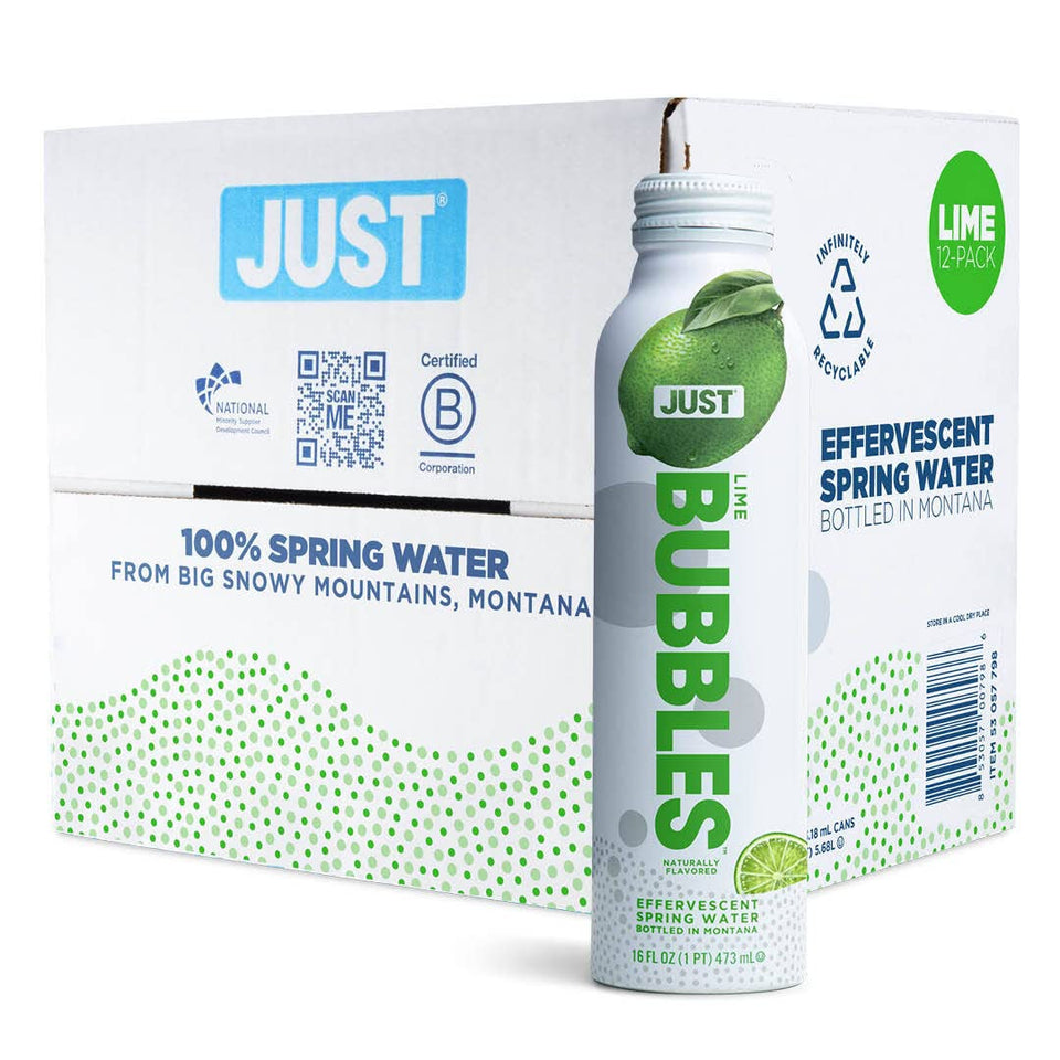 JUST Bubbles Lime bottle front view for crisp, eco-friendly hydration.
