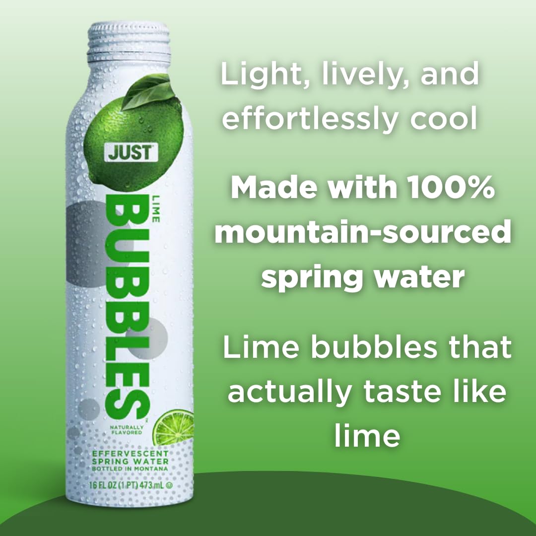 JUST Bubbles Lime pouring into glass reveals sparkling lime flavor.