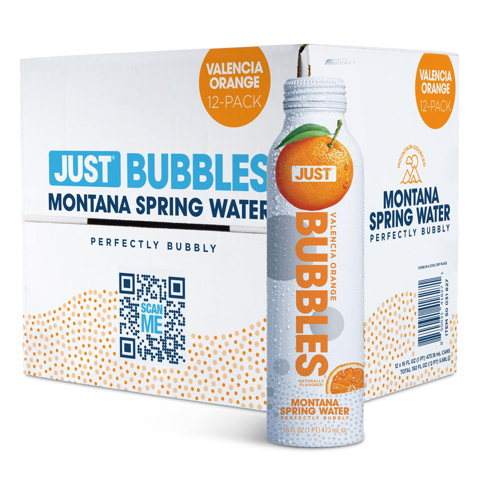 JUST Bubbles Valencia Orange bottle full reveals bright citrus sparkle and premium feel