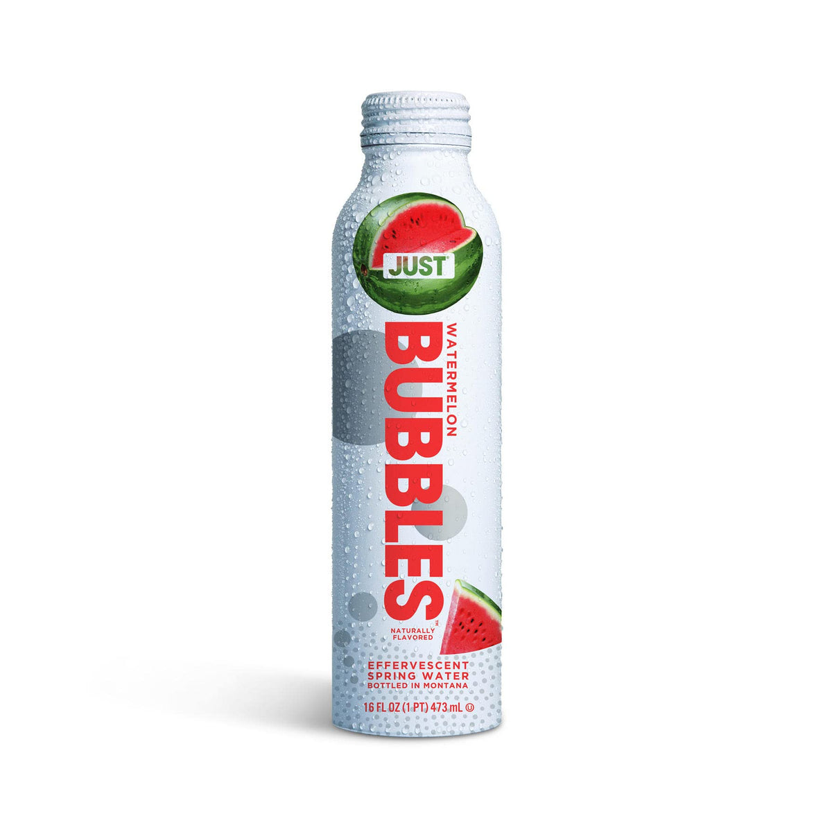 JUST Bubbles Watermelon bottle-cap close-up highlighting resealable convenience for active days.