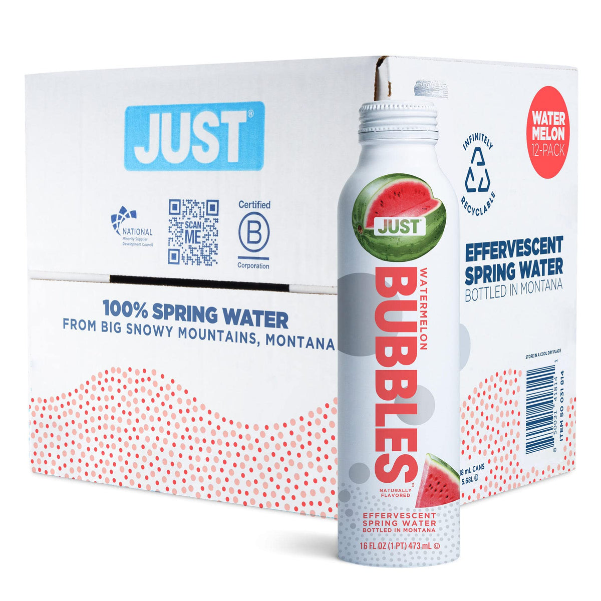 JUST Bubbles Watermelon bottle-front view emphasizing eco-friendly aluminum packaging for everyday hydration.