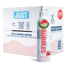 JUST Bubbles Watermelon bottle-front view emphasizing eco-friendly aluminum packaging for everyday hydration.
