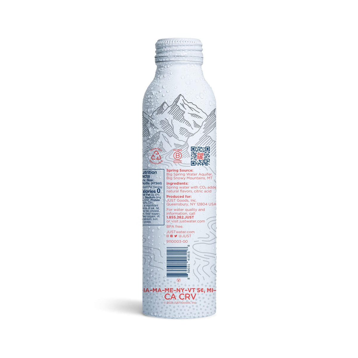 JUST Bubbles Watermelon bottle-side-label shows premium mineral-rich spring water flavor.