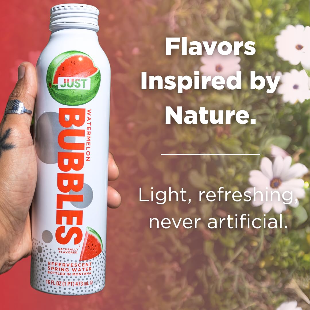 JUST Bubbles Watermelon glass-and-bottle setup ready for on-the-go refreshment.