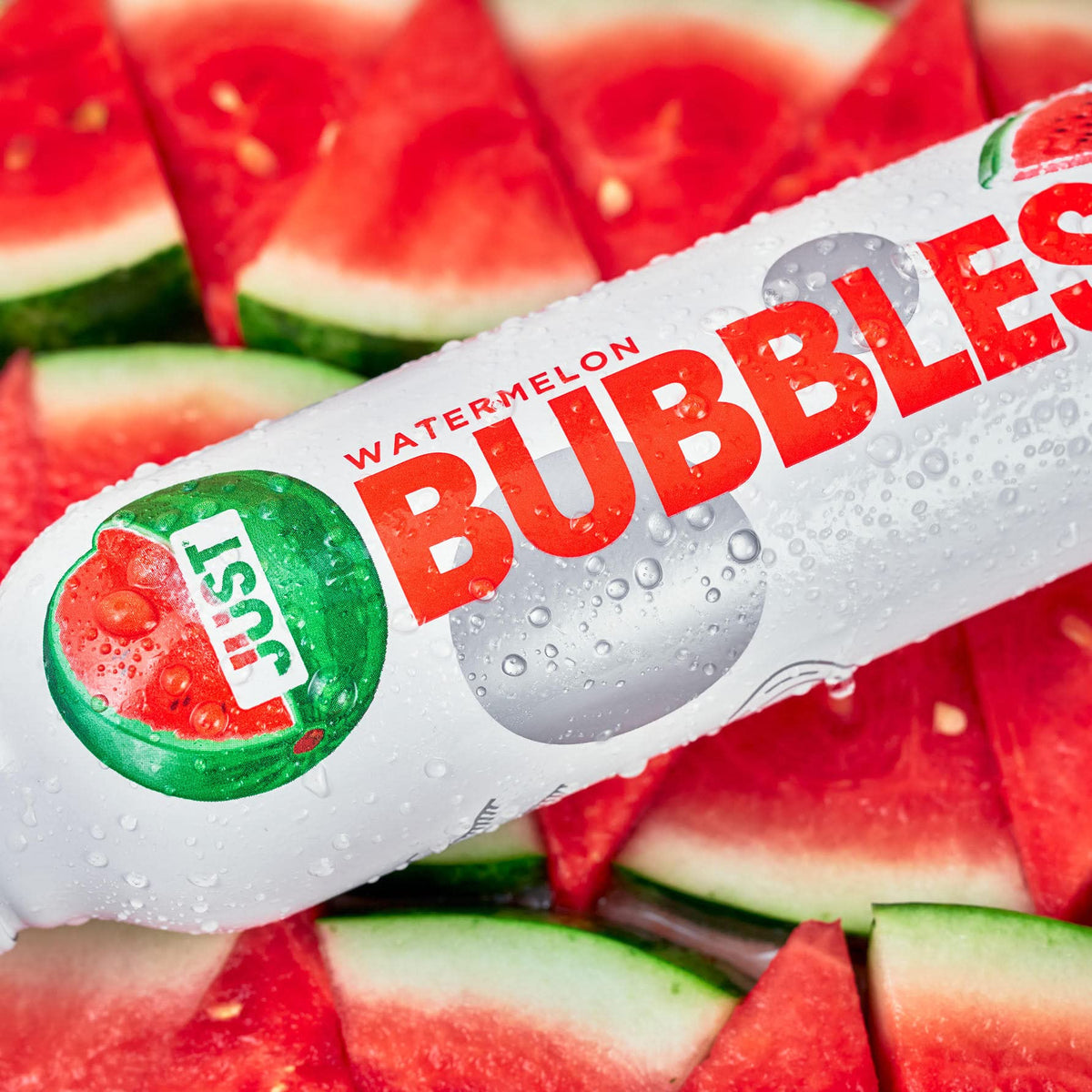 JUST Bubbles Watermelon mountain-spring origin label communicates natural mineral content.