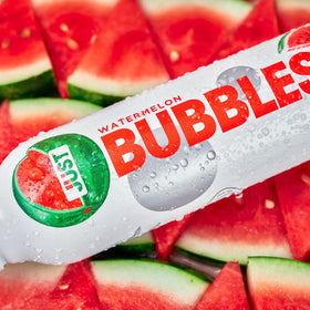 JUST Bubbles Watermelon mountain-spring origin label communicates natural mineral content.