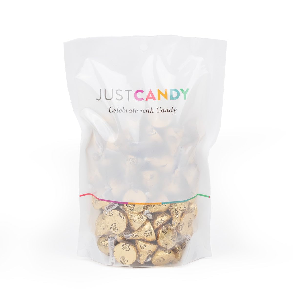 Close-up of Just Candy gold-wrapped almond milk chocolates, premium texture and crunch.