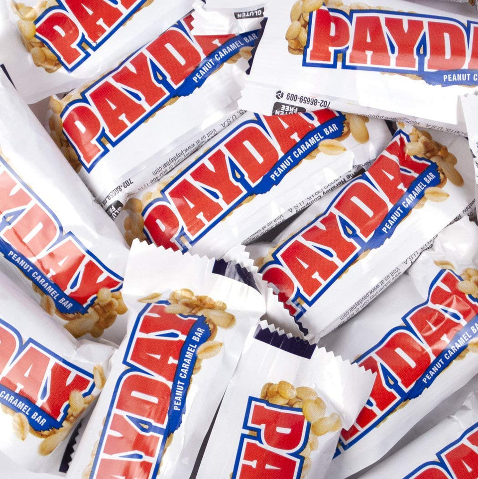 Just Candy PayDay snack size bars in bag, ideal portable peanut butter caramel snack.
