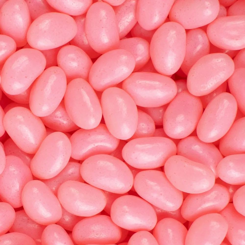 Just Candy pink strawberry jelly beans bulk bag on display for party favors