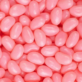 Just Candy pink strawberry jelly beans bulk bag on display for party favors