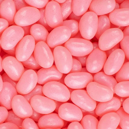 Just Candy pink strawberry jelly beans bulk bag on display for party favors
