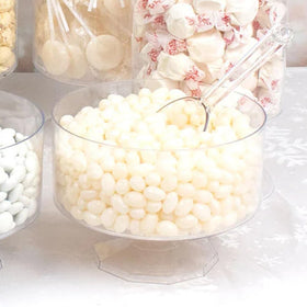 Just Candy white jelly beans arranged for candy buffet spreads at weddings.