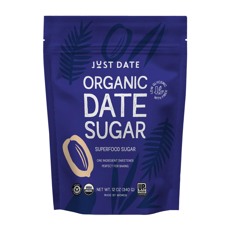 Just Date Sugar packaging display emphasizes organic, upcycled ingredients and eco-friendly packaging.