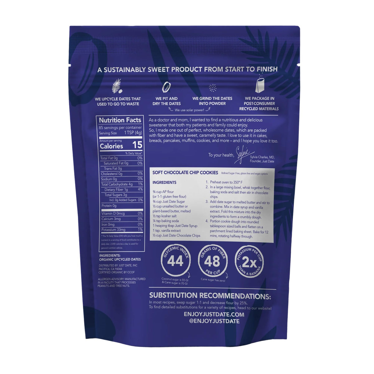Just Date Sugar powder close-up reveals fine caramel aroma ideal for natural sweetening.
