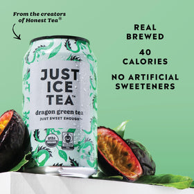 Just Ice Tea Dragon Green iced-tea can label close-up highlighting organic ingredients.
