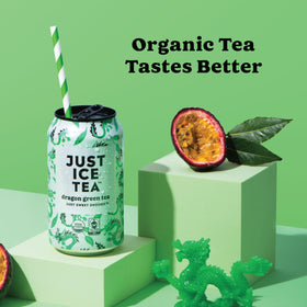 Just Ice Tea Dragon Green close-up tea leaves on label organic farming shown.